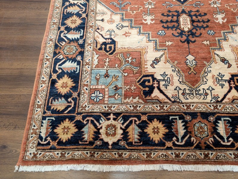 Turkish Heriz Serapi Rug 6x9, Geometric Medallion, Terracotta and Navy Blue gallery