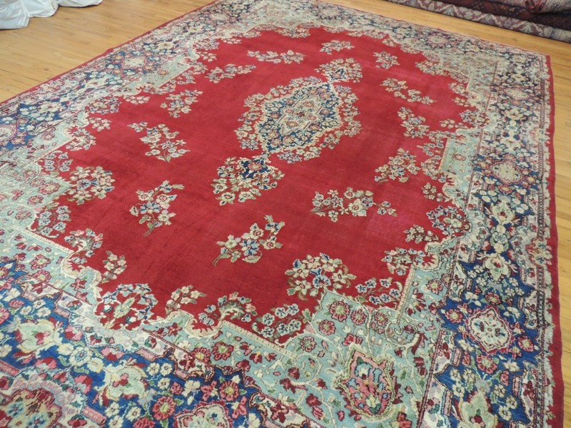 10x14 semi-Antique Kermaan Oriental Area Rug wool Red Blue Green Teal Pink gallery