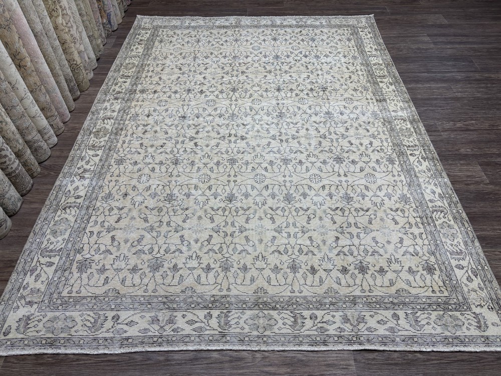 7x10 Vintage Beige Neutral Turkish Area Rug: Hand-Knotted Wool Living Room Rug