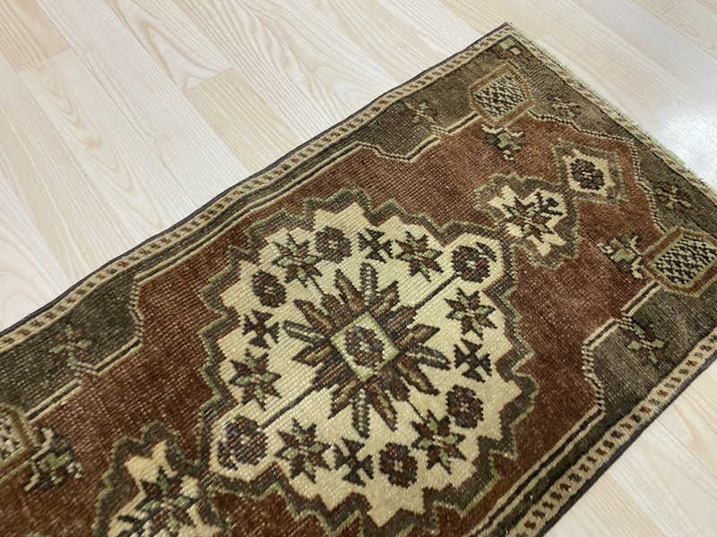 Antique Turkish Rug 1.3x2.5 ft Vintage Brown Cream Star Medallion Wool Boho Mat gallery