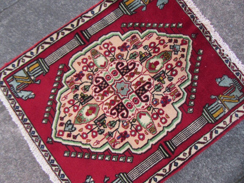 Vintage Hand Made Traditional Rug Oriental Wool Red Small Rug 67x59cm gallery