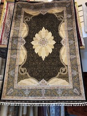 Turkish Silk Rug 7×10 Black Gold Medallion Oriental Carpet Machine Made Luxury