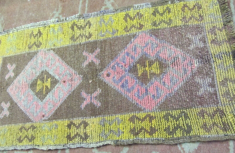 Turkish Anatolian Rug Mat Yastik 20" x 35" Semi Antique Yellow Orange Vegy Dyes gallery