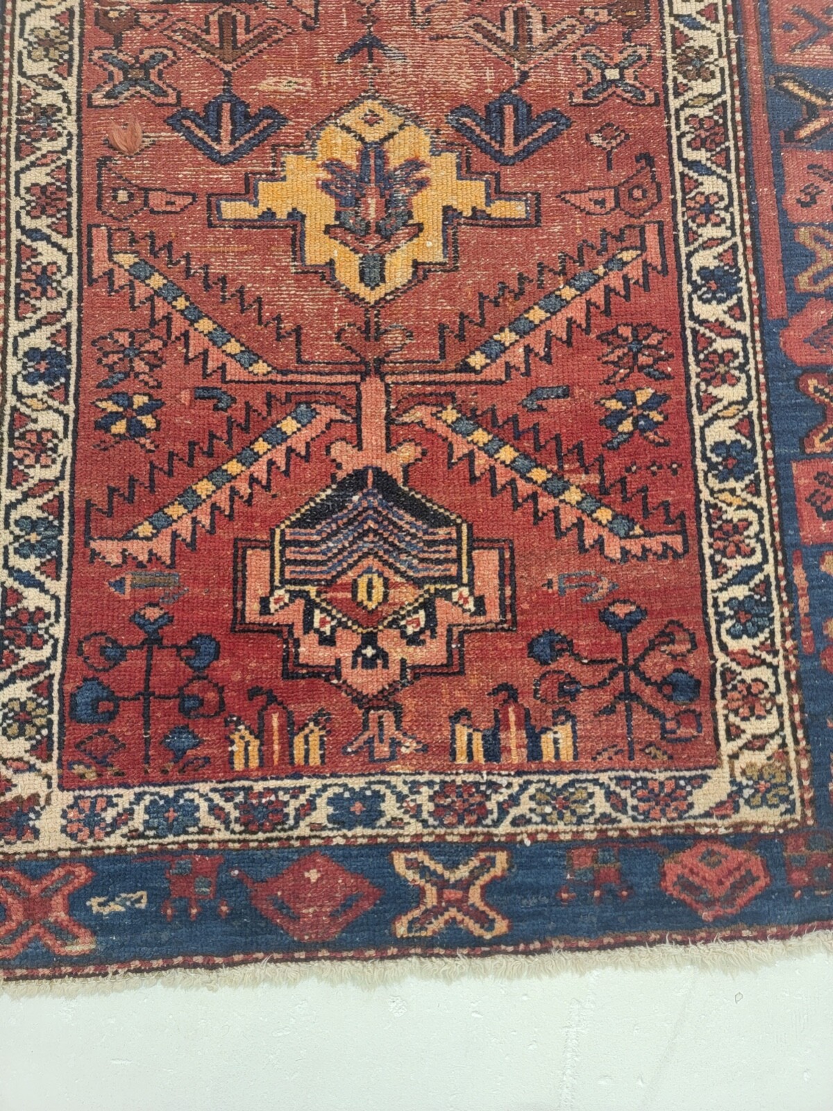 Antique Oriental Hand-Knotted Wool Area Rug Red/Blue/Ivory/Salmon 3'1" x 5'9" gallery