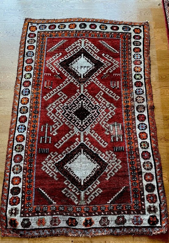Dated 4x6 Antique Tribal Rug Vibrant Glossy Reds Tangerine Ivory 100% Wool gallery