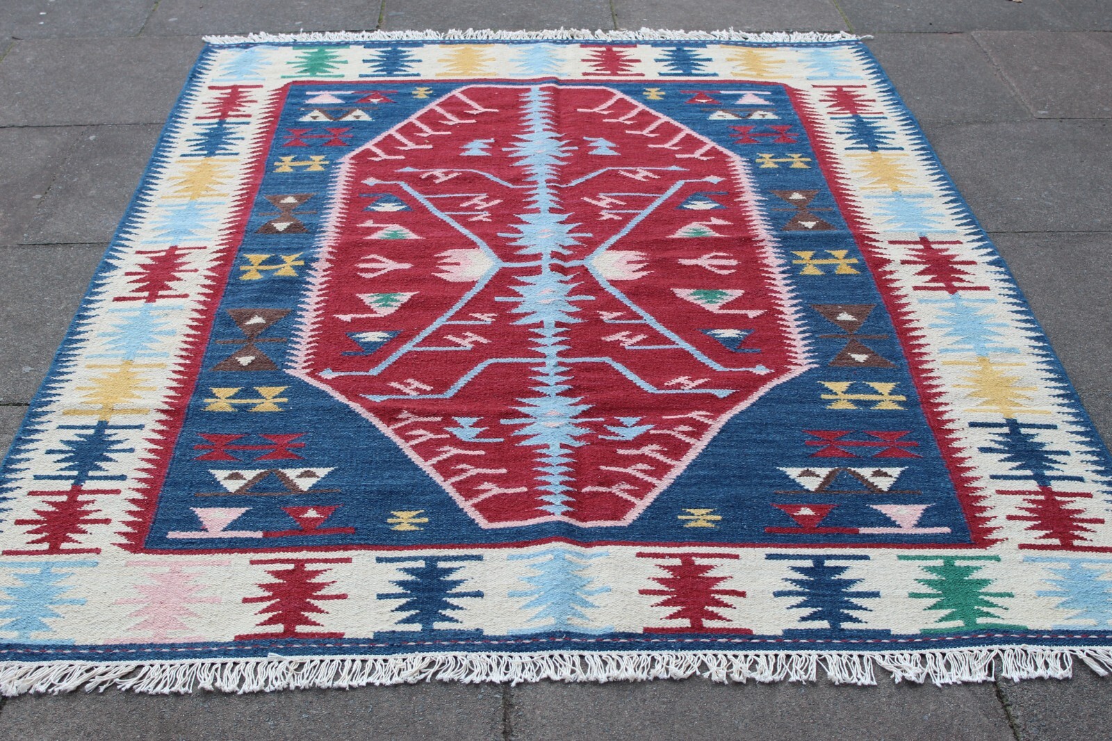 Kilim Vintage Traditional Hand Made Oriental Blue Red Wool Kilim 237x164cm gallery