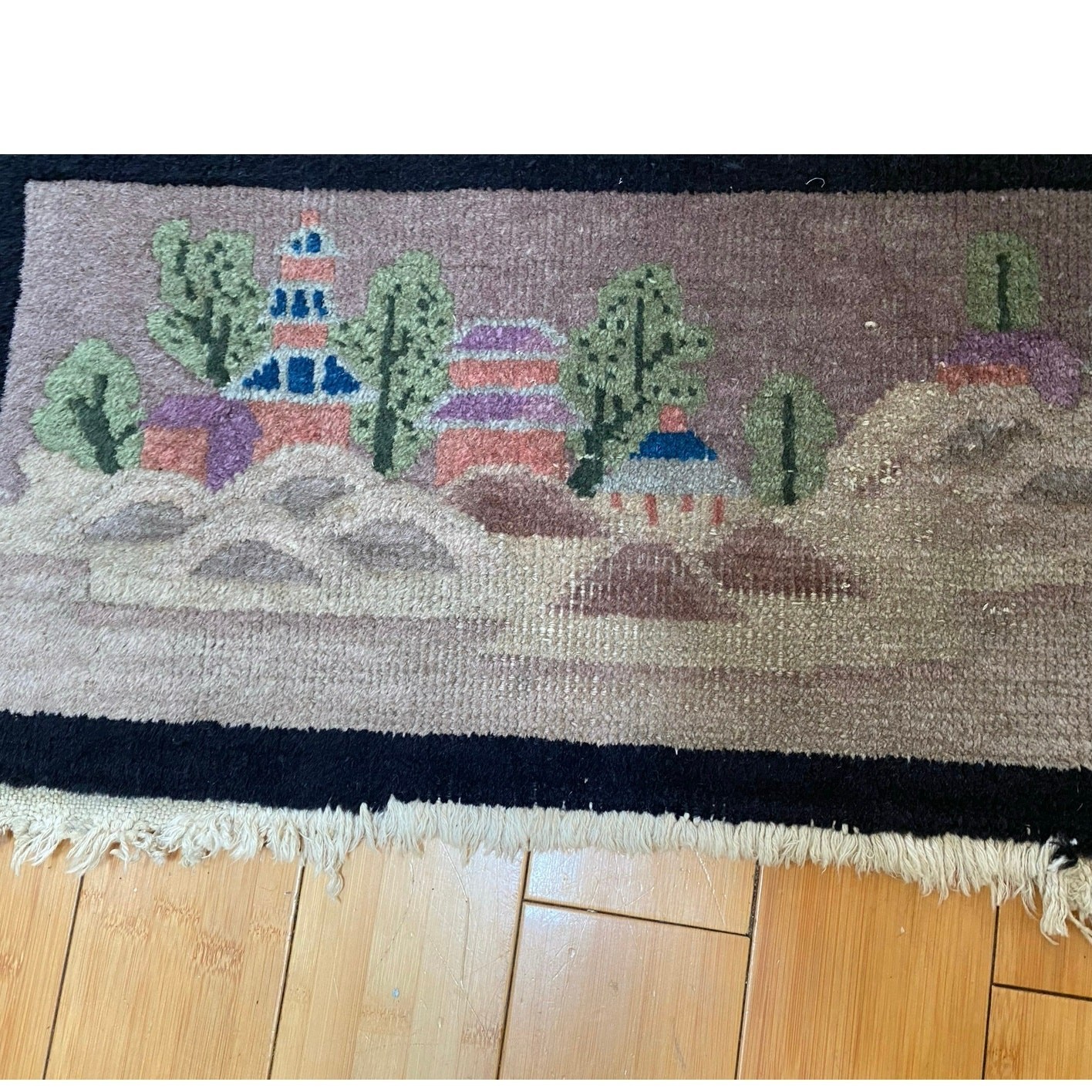 Vintage 1930s At Deco Asian Wool Rug Black, Tan, Pagoda, China gallery