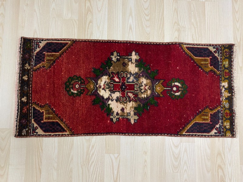 Antique Turkish Rug 1.4x3.1 ft Vintage Deep Red Tribal Small Runner Boho Mat gallery