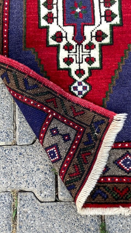 Vintage Turkish Small Rug, 1.8x3.4 ft Red and Blue Carpet, Handmade Kitchen Rug gallery