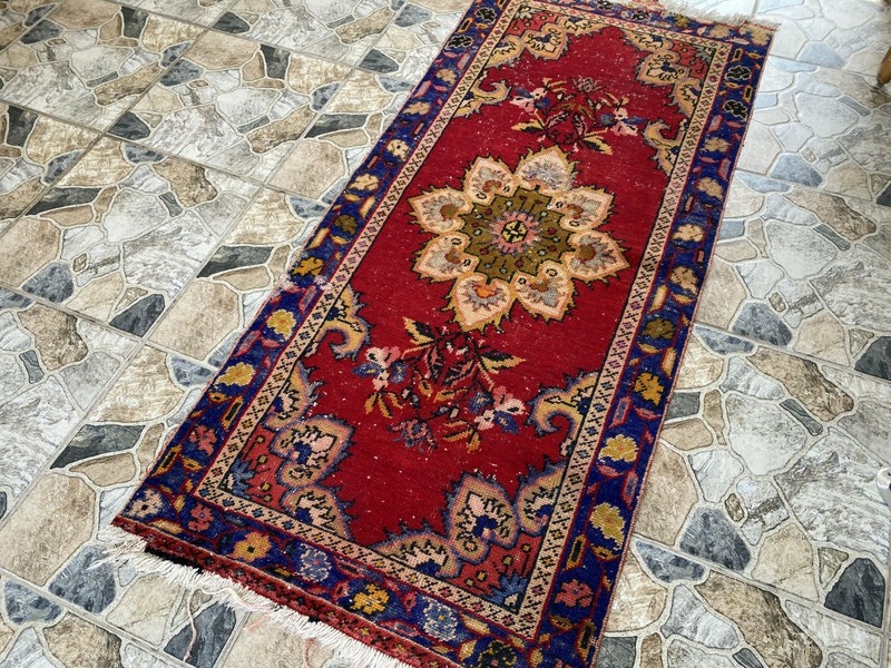 1970s Vintage Turkish Runner Rug 3x6 ft Red Hand-Knotted Wool Hallway Boho gallery