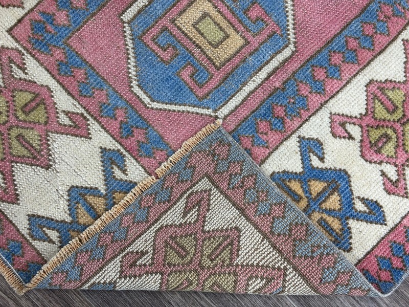 3x5 Pink Blue White Vintage Turkish Rug, Hand-Knotted Wool Rug, Small Oushak Rug gallery
