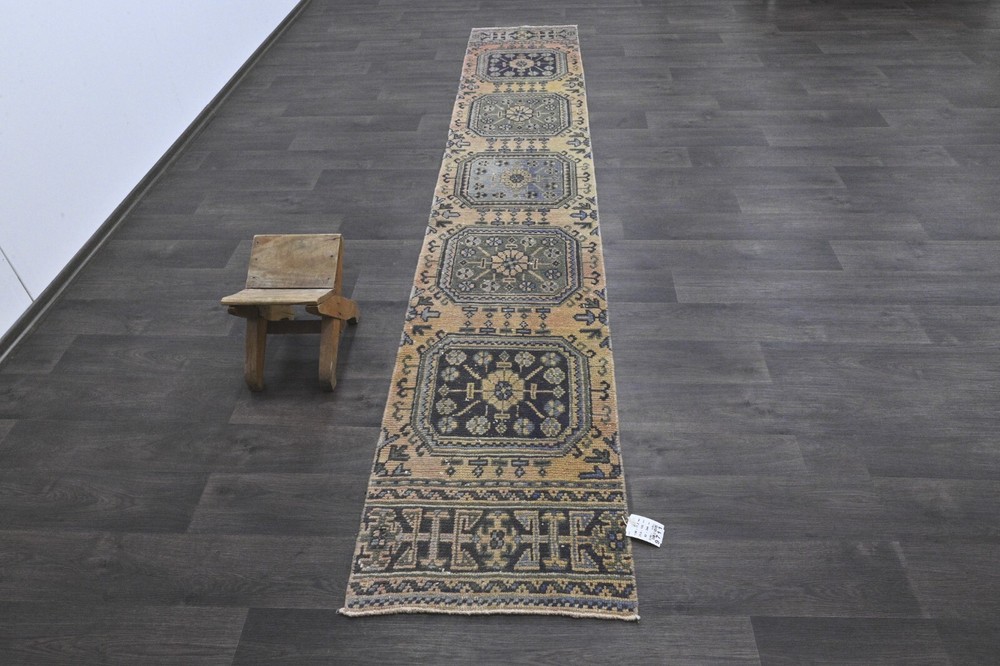 Vintage Turkish Runner Rug 2x11ft Wool Anatolian Handmade Hallway Oushak YELLOW