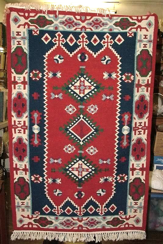 Vintage 1950s-60s Hand Loomed Large KILIM WOOL RUG Red White Blue 51" x 32"