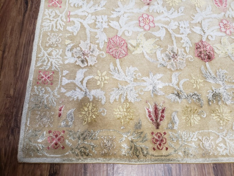 Modern Tibetan Rug 6x9 Wool and Silk Handmade Flowers Contemporary Soft Tan Nice gallery