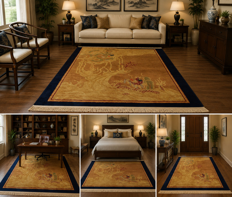 Pre 1900s ANTIQUE FIVE CLAWED CHINESE SEA and CLOUD FIGHTING DRAGON RUG 3.5x4.7 gallery