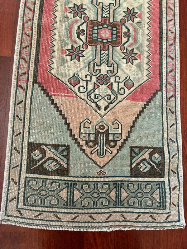 2x4 Small Runner Tribal Pink Blue Hand Knotted Vintage Turkish Wool Accent Rug gallery