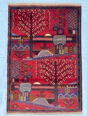 3×4 ft Handmade Afghan Baluchi Pictorial Antique Traditional Turkmen Wool Carpet