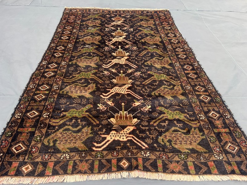 Vintage Afghan Pictorial Rug 3'9 x 5'11 ft Tribal Wool Geometric Faded Wall Rug gallery