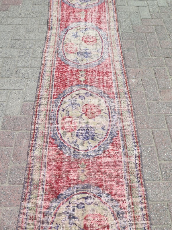 Long Floral Vintage Carpet Runner, Handwoven Distressed Multicolor Rug 26"x109" gallery