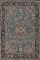 Vintage Overdyed Geometric Blue Traditional Area Rug 7×10 Handmade Wool Carpet