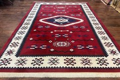 Belgium Power Loomed Rug 8×11 Navajo Native American Design Dark Red Ivory