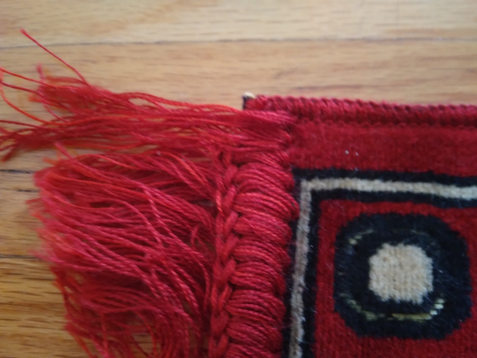 Turkish Rug, great shape, red with other colors, 14 x 13.5 in., woven, vintage gallery