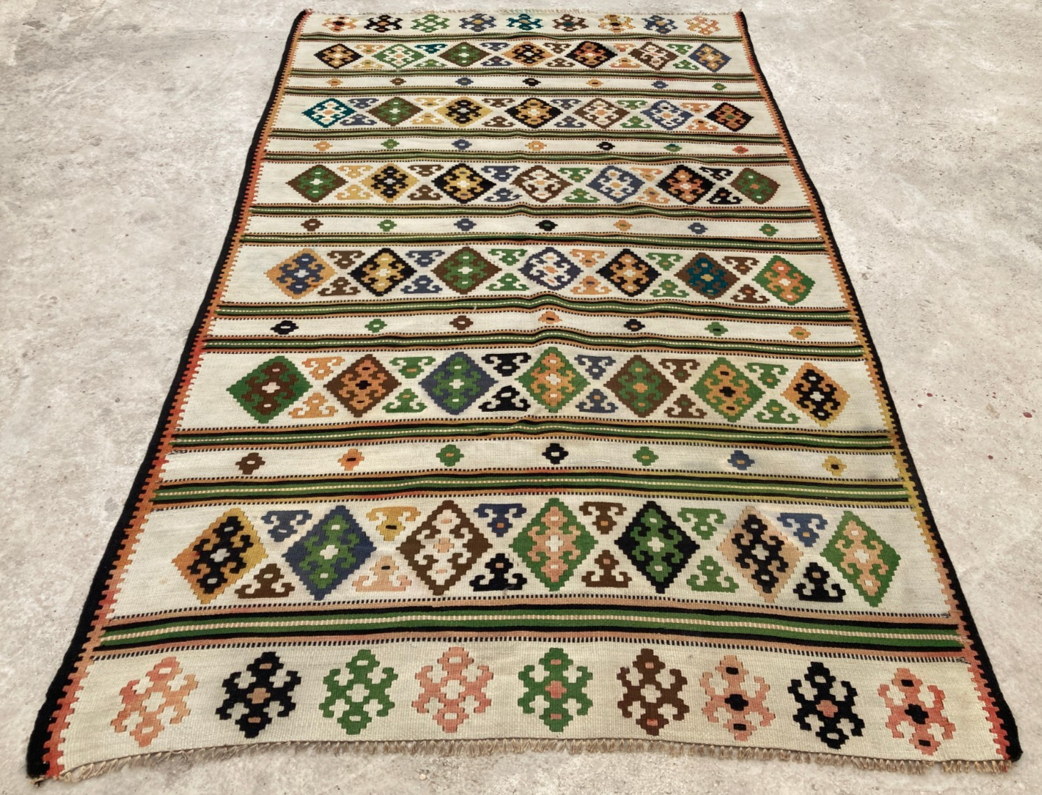 Vintage Handmade Turkish Anatolian Striped Diamond Wool Kilim Rug 241x141 cm gallery