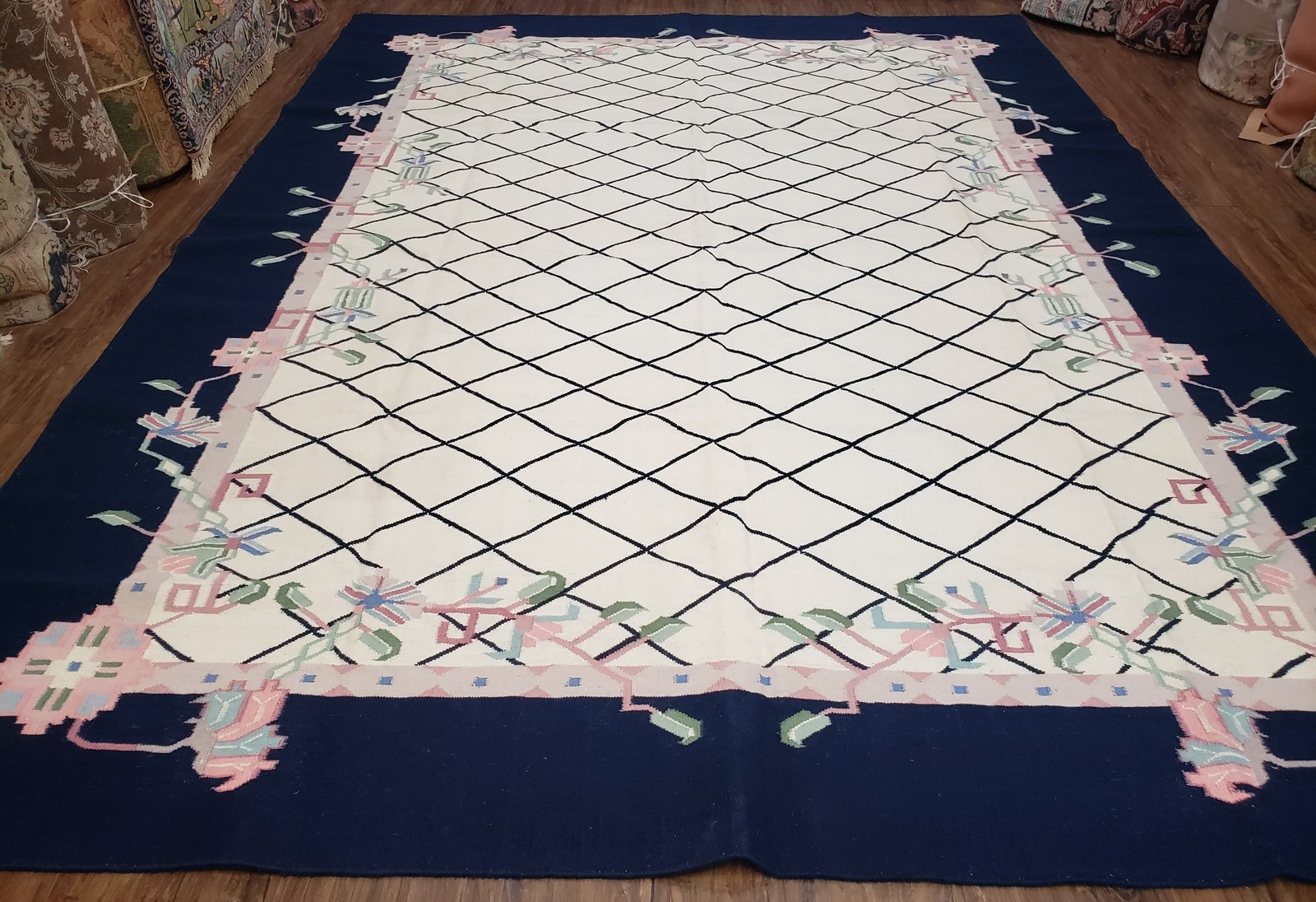 Vintage Indian Dhurrie Area Rug Wool Handmade Ivory Black Kilim Carpet 8.8 x 11 gallery