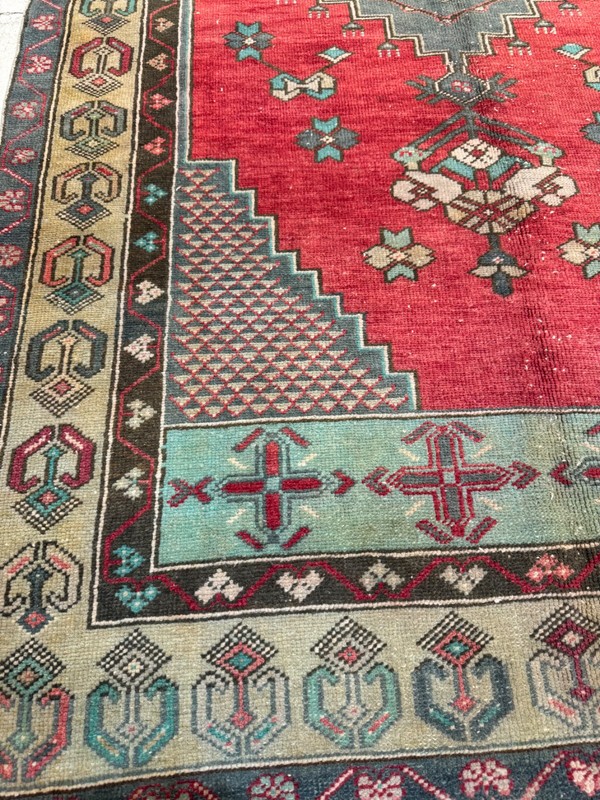 Oriental Hand-Knotted Wool Gallery Size Turkish Oushak Red/Blue/Ivory 4' x 8'2" gallery