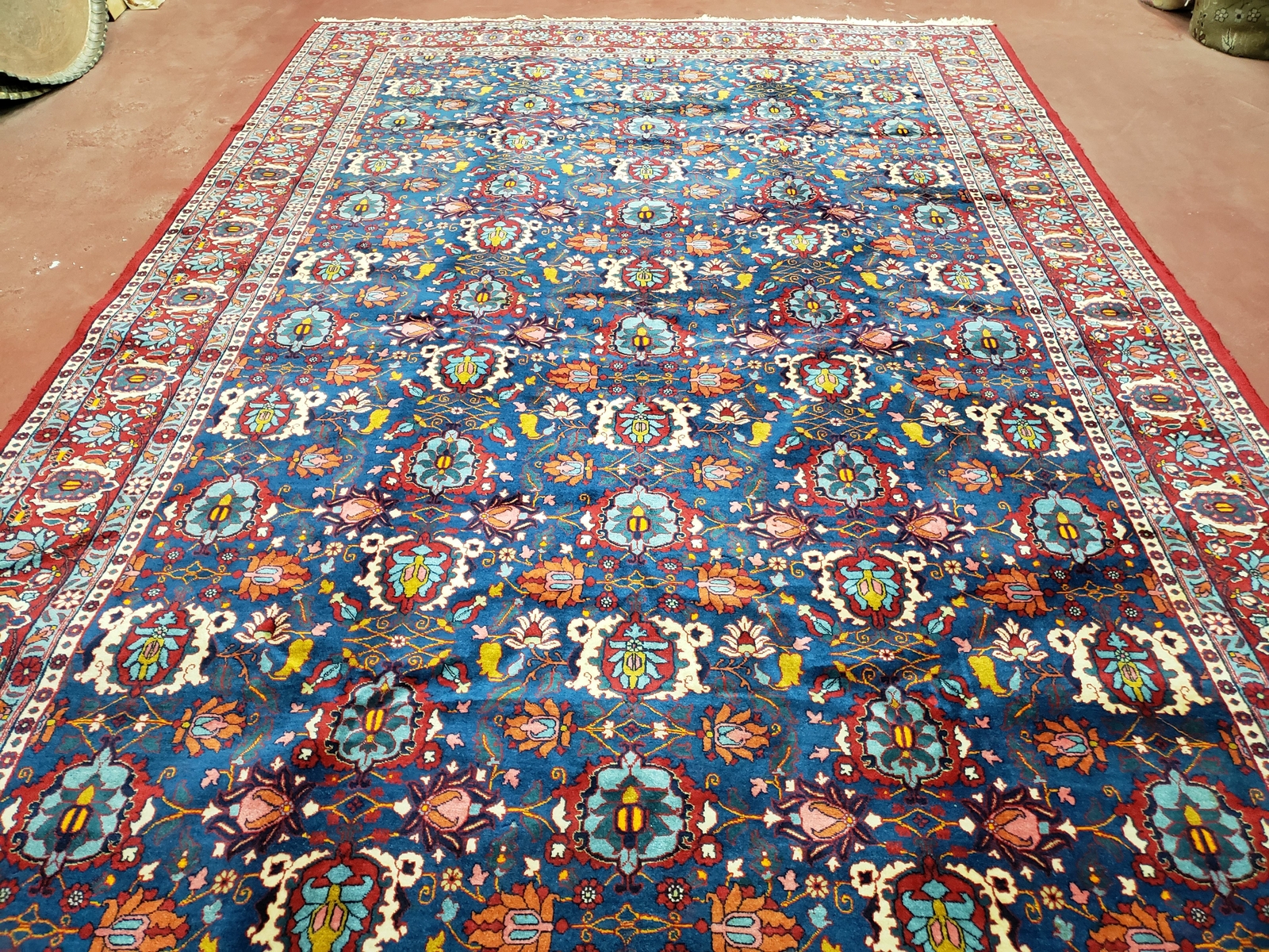 Antique Oriental Carpet 7x11 Rare Rug Blue Red Ivory Gold Hand-Knotted Wool Wow gallery