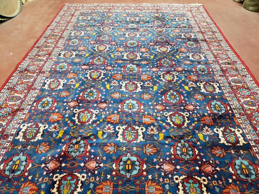 Antique Oriental Carpet 7x11 Rare Rug Blue Red Ivory Gold Hand-Knotted Wool Wow