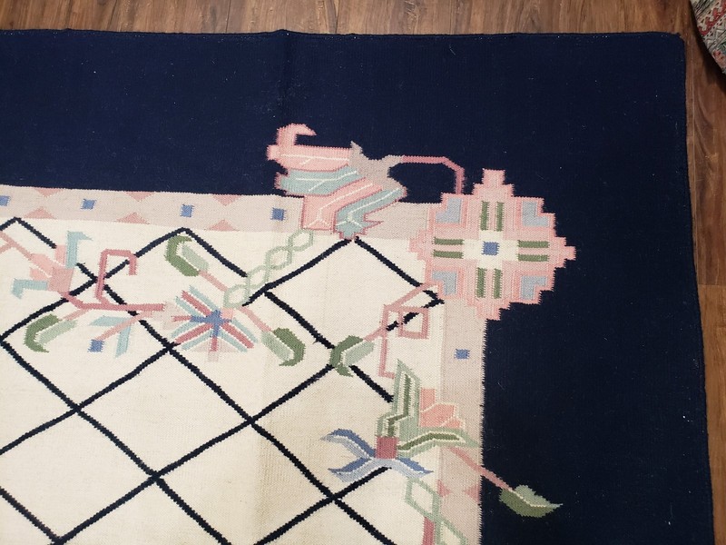 Vintage Indian Dhurrie Area Rug Wool Handmade Ivory Black Kilim Carpet 8.8 x 11 gallery