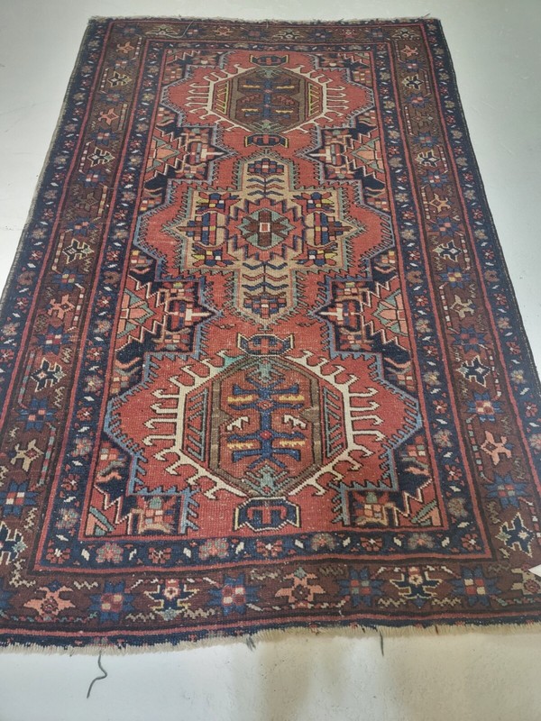 Antique Oriental Hand-Knotted Wool Area Rug Red/Blue/Ivory/Green 3' x 4'8" gallery