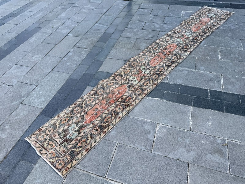 Vintage Turkish Oushak Runner Rug 1.9x12.8 Terracotta Black Hallway Runner Rug gallery