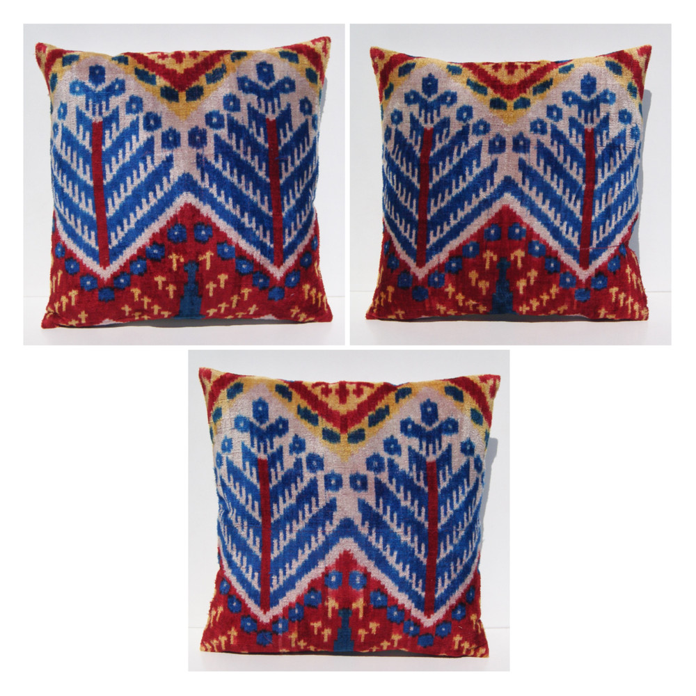Set of 3 Handmade Uzbek Silk Velvet Pillow Covers - Geometric Design