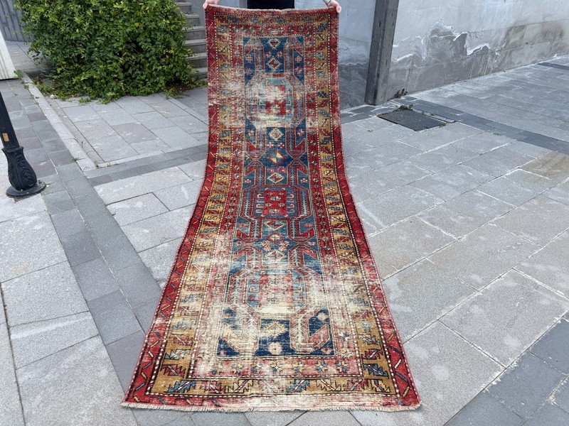 Vintage Turkish Runner Rug 3.3x10.1 ft Distressed Tribal Hallway Carpet Wool Rug gallery