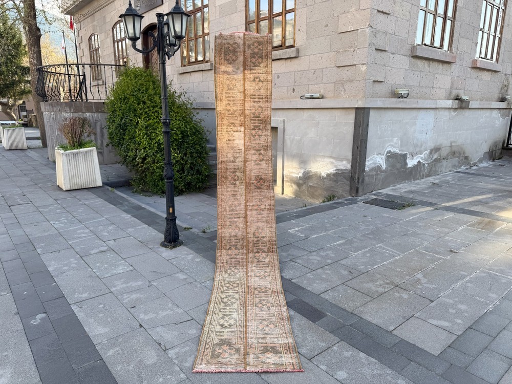 Vintage Turkish Oushak Runner Rug 2x11.9 ft Muted Terracotta Hallway Rug
