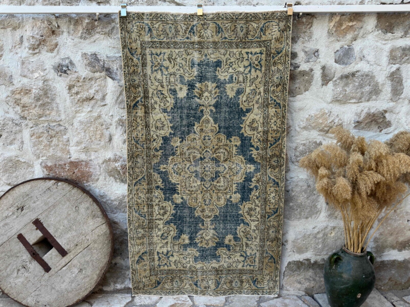 Hand-Knotted Vintage Rug 4x6 Blue Cotton Traditional Carpet Medium Size Anatolia gallery