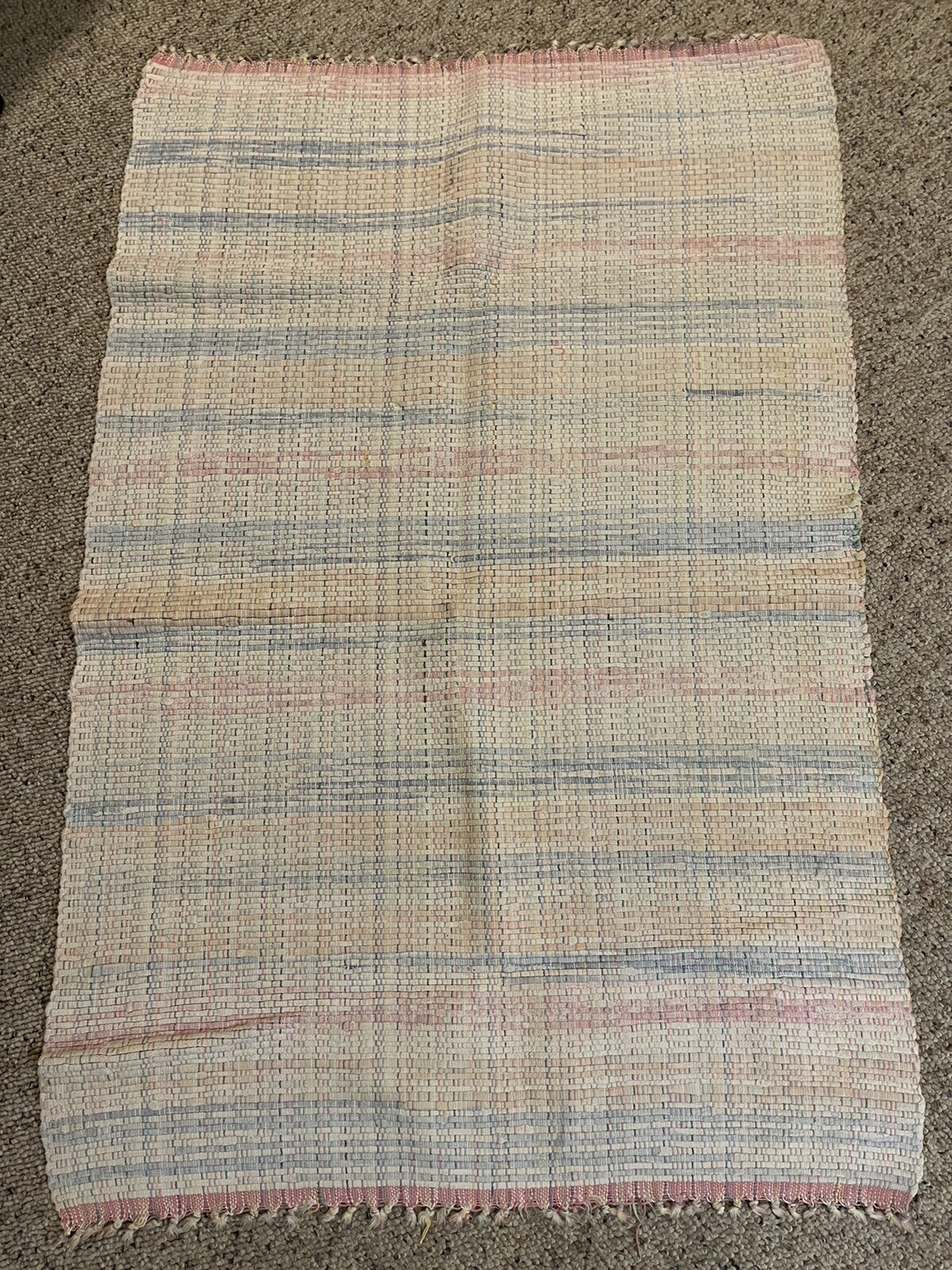 VTG HAND LOOMED COTTON RAG FLOOR RUG PINK FARMHOUSE 1970s USA 43 X 28" gallery