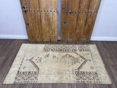 4×7 Green Brown Salmon Vintage Turkish Area Rug, Hand-Knotted Muted Wool Rug