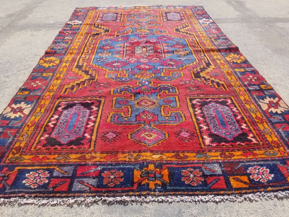 Vintage Distressed Hand Made Traditional Oriental Wool Multicolor Rug 6.7x4.1ft