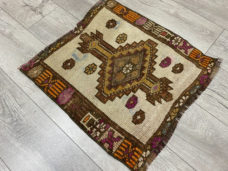 Rustic Turkish Tribal Square Rug Handmade Wool Vintage Accent Rug 1.7 x 1.7 ft gallery