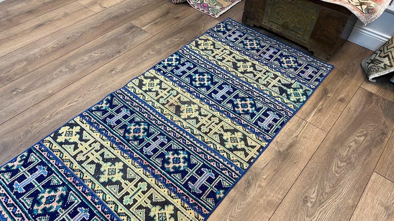 Patchwork Blue Runner Rug, Kitchen Rug, Hallway Rug, 2.6 x 10.8 ft gallery