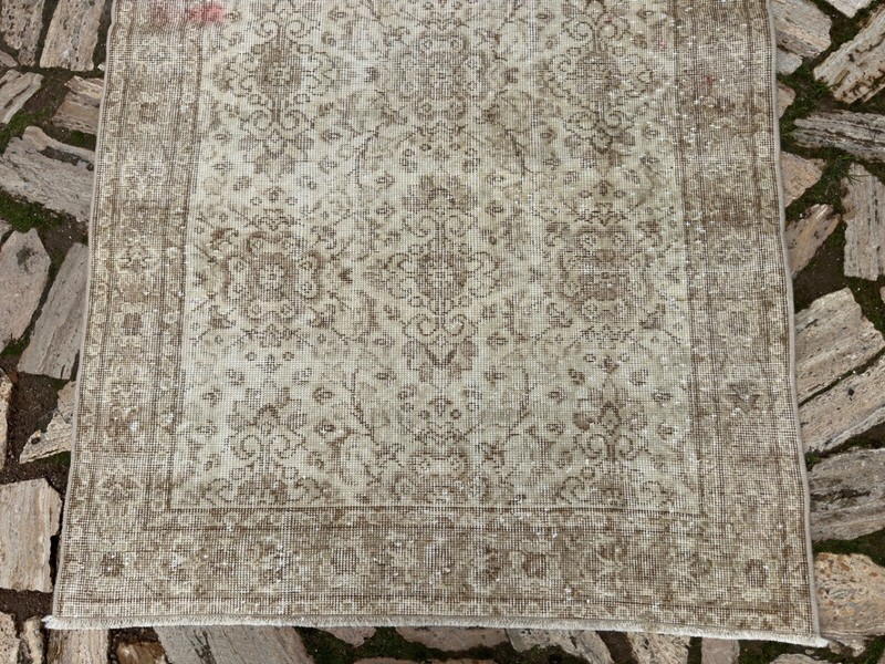 Hand-Woven Oushak Carpet 4x7 Beige Wool Floral Area Rug Medium Size Anatolian gallery