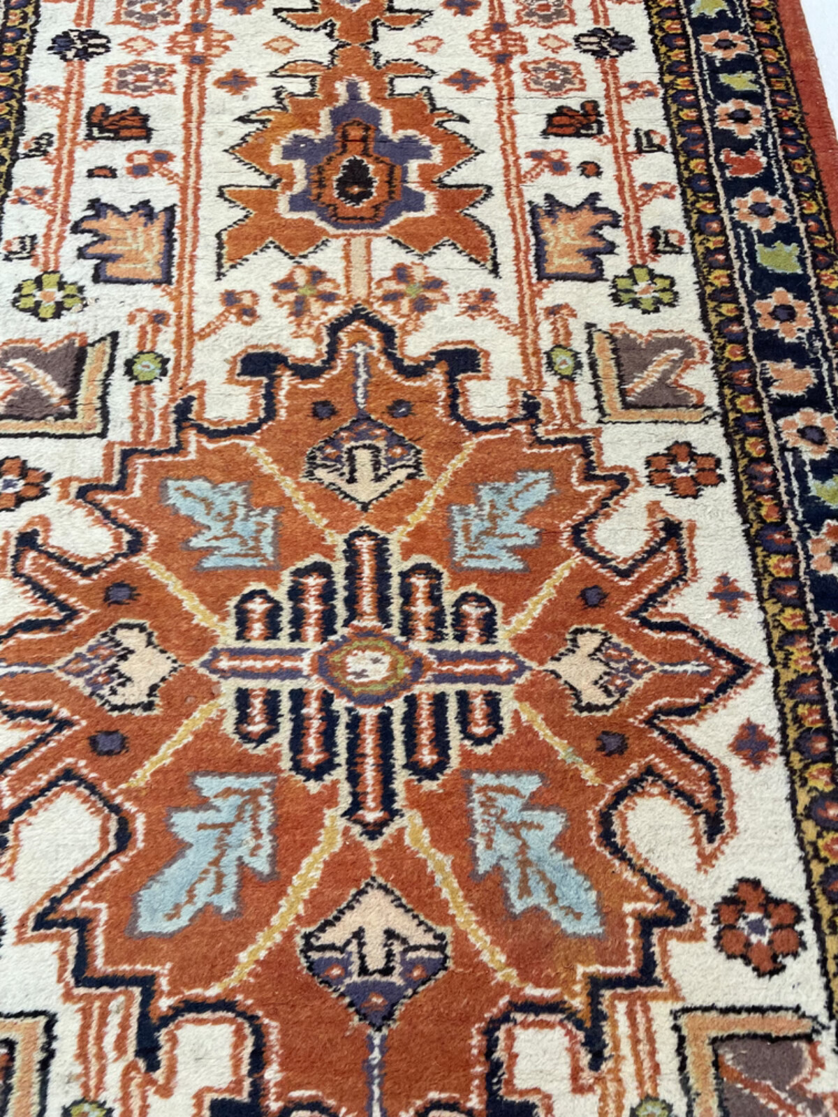 Antique Oriental Hand-Knotted Wool Runner Karajeh Ivory/Rust/Blue 2'5" x 7'10" gallery