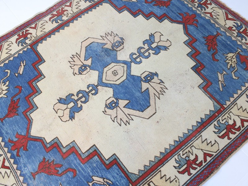 Vintage Hand Knotted Area Rug Blue Red Beige Tribal Medallion 5x6 ft gallery