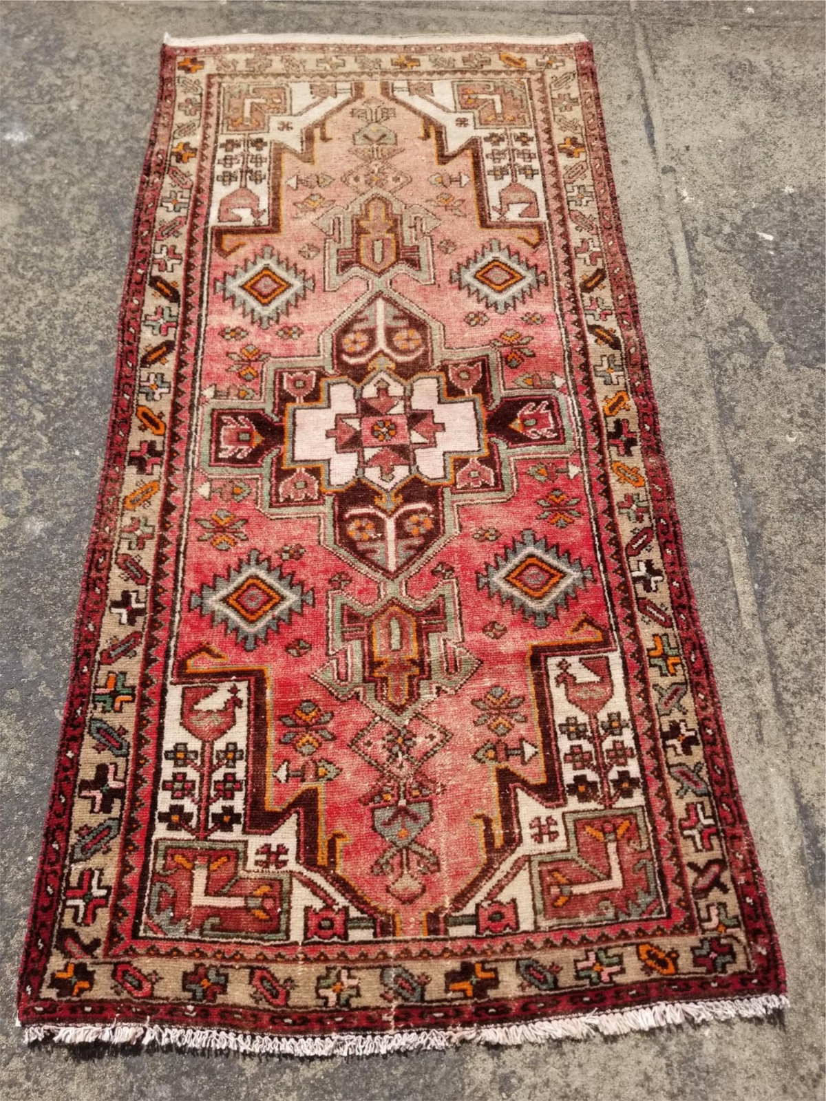 Distressed Vintage Traditional Handmade Heriz Karajeh Wool Multicolor Runner Rug gallery