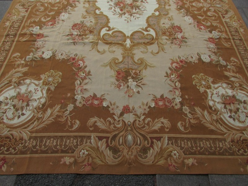 Vintage Hand Made French Design Wool Brown Beige Original Aubusson 375X263cm gallery
