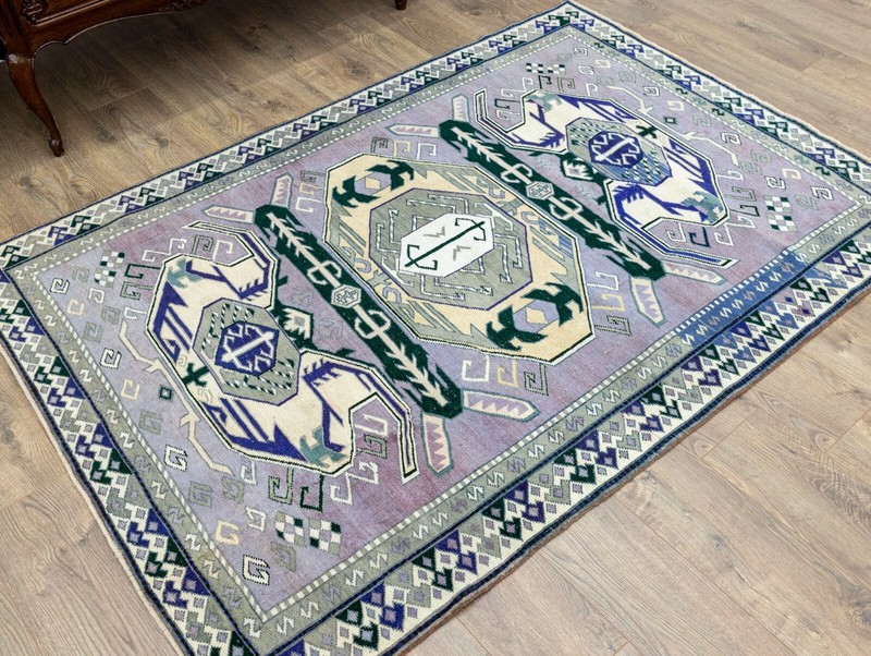 Purple Wool Tribal Oushak Rug 4'8x6'8 ft – Vintage Turkish Geometric Carpet gallery