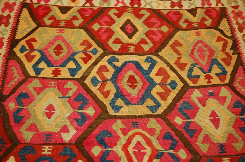 c1920s ANTIQUE FINE WOVEN VEGY DYE CAUCASIAN KILIM 4.8x12.4 DANCING GIRL SUBJECT gallery